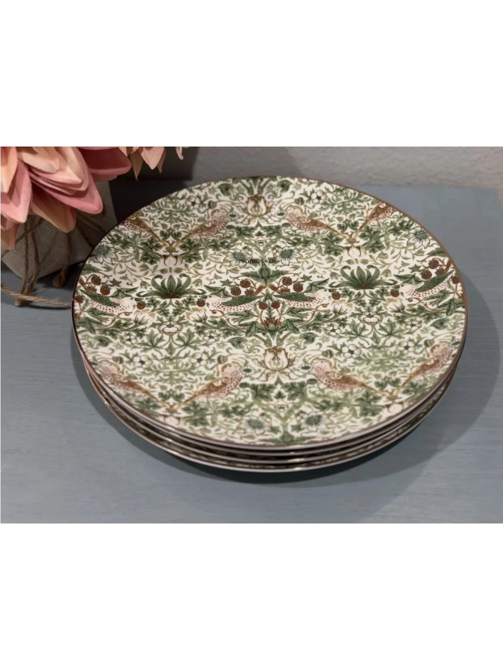 Set of 4 Morris & Co. Strawberry Thief Dinner Plates with Gold Rim/NEW